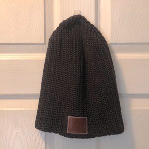 Love Your Melon charcoal grey beanie, somewhat floppy style, leather accent